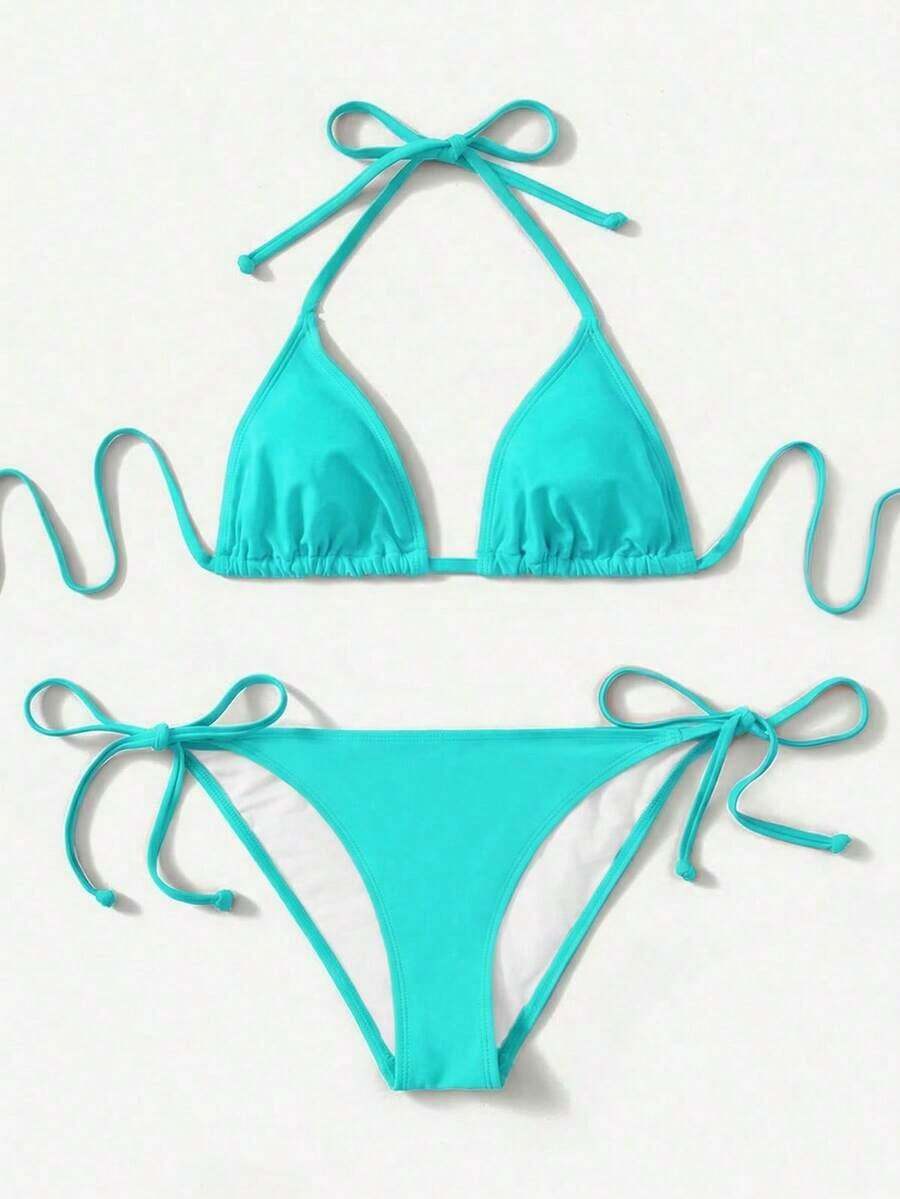 Women's Simple Solid Color Swim Bikini With A Halter Neck And Cutout, Suitable For Beach Vacations And Summer. - Mint Blue 2 - View 1