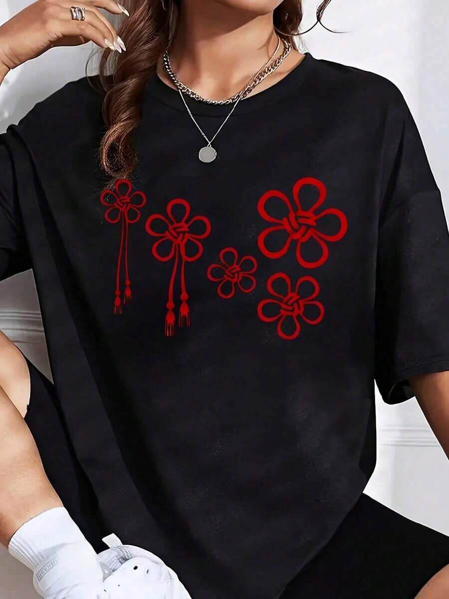 1 Piece Of Women's Floral Knot Design T-Shirt, Urban Casual Style, Fashionable Piece. It's A Perfect T-Shirt To Give As A Gift To Friends And Family On Any Holiday Or Special Occasion. 180g 100% Cotton. - 黑色 - 查看 1