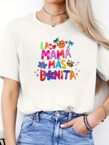 1 pieza de camiseta casual de primavera/verano con estampado de letras en español, camiseta deportiva de manga corta con cuello redondo, top para mujer, 180g 100% algodón. - Negro - Ver 6