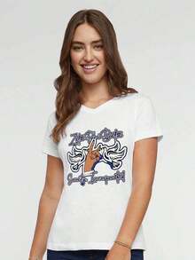 Camiseta de Mujer con Cuello en V Estilo Años 20, Casual, Retro, a la Moda, de Manga Corta para Primavera/Verano, con Estampado Gráfico de Guepardo, Camisetas para Mujer, Regalo Maravilloso para una Amiga, Atuendo Diario, Versátil y a la Moda. - Blanco - Ver 10