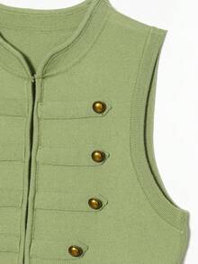 Chaleco de punto casual con cuello redondo, nudo y botones de unicolor, para primavera/verano - Verde - Ver 9