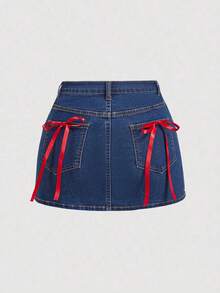 Women's Casual Denim Mini Skirt, Minimalist & Fashionable For Daily Wear,Valentine's Day Pink Bow Short Tight Y2K Denim Skirt Skirt - Lavado medio 2 - Ver 1