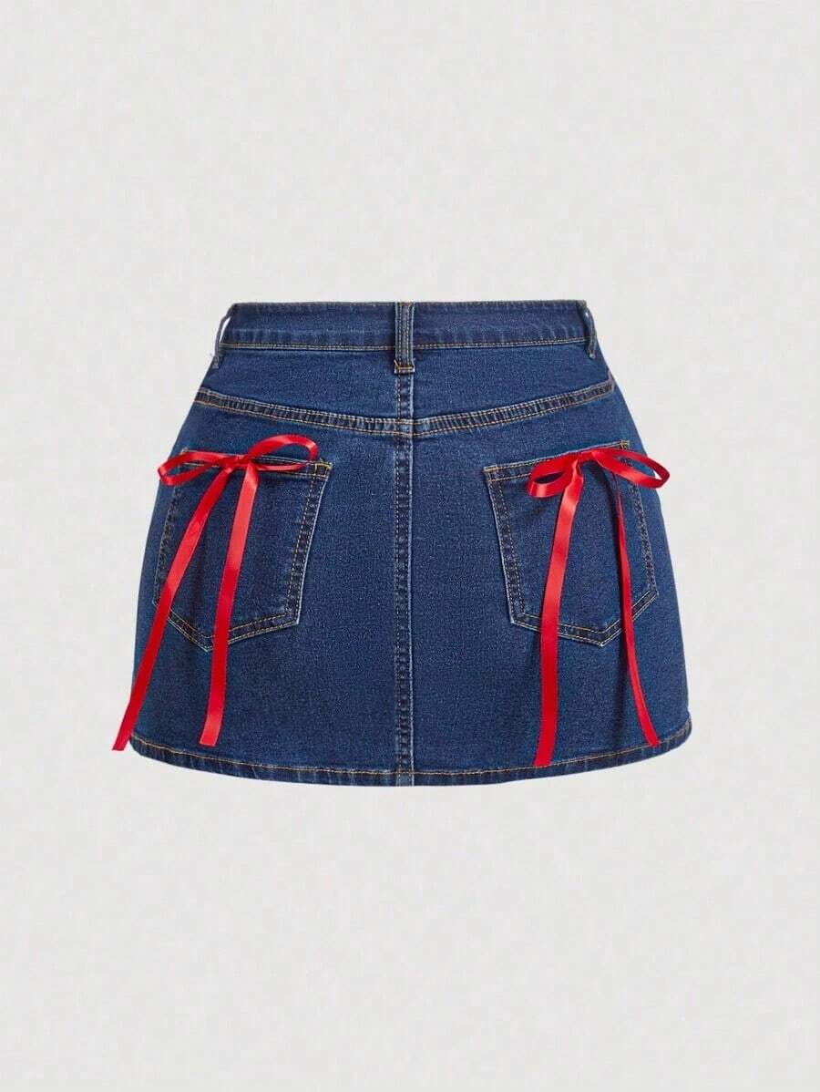 Women's Casual Denim Mini Skirt, Minimalist & Fashionable For Daily Wear,Valentine's Day Pink Bow Short Tight Y2K Denim Skirt Skirt - Lavado medio 2 - Ver 1