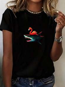 Camiseta de Algodón Color Crema con Estampado de Flamingo Montando un Tiburón, Ropa Casual de Verano - Negro - Ver 2