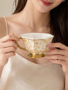 DearDali 1 Set 220ml Vintage Gilded Ceramic Cup & Saucer, European Palace Style Luxury Octagonal Design Gold-Rimmed Mug, Home Decor, Couple/Best Friend Gift, Coffee/Tea Cup - Multicolor - View 6