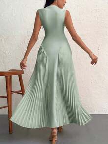 Vestido elegante de línea A ajustado con pliegues para mujeres - Verde - Ver 2