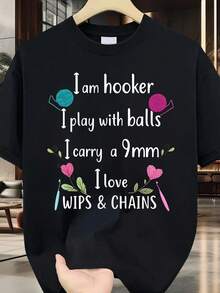 Camiseta de Tallas Grandes para Hombre y Mujer con Diseño de Ganchillo 0XL-5XL - Divertido Estampado "Soy Amante del Ganchillo" con Ganchos y Bolas de Hilo - Top Casual de Cuello Redondo, Suave y Transpirable, Ideal para Entusiastas del Ganchillo, Lavable a Máquina, TALLAS GRANDES - Negro - Ver 6