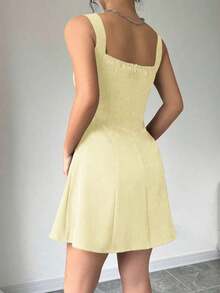 Vestido de vacaciones corto, unicolor, con cintura baja y estilo casual de verano para mujer - Albaricoque - Ver 2