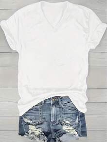Ladies V-Neck Tee -  Casual Graphic Shirt, Made From - Light And Airy For Year-Round Wear - 白色 - 查看 2