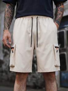 Men's Off-White Contrast Zip Cargo Shorts, Summer Outdoor Casual Knee-Length Pants, Breathable Loose Fit - Apricot - View 3