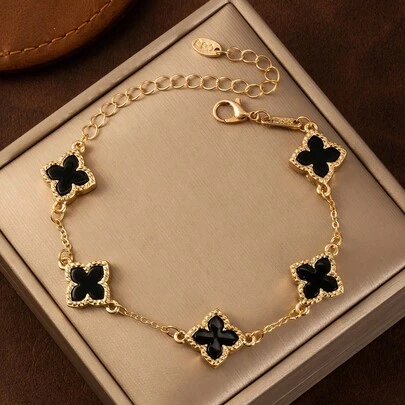 1 pieza Pulsera elegante de trébol de cuatro hojas - Cadena dorada con esmalte rojo, regalo ideal para el Día de San Valentín, el Día de la Madre, el Día del Maestro y la temporada de regreso a clases, diseño de cadena duradero