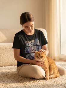 Women's Casual Cute Japanese Cartoon Cat Print Round Neck Short Sleeve T-Shirt, Spring/Summer, 100% Cotton Black - Black - View 2