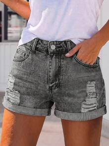 Women's Casual Blue Denim Shorts With Button Details And Rolled Hem, Non-Stretch Fabric, Suitable For Daily Wear Summer - Light Grey - View 1