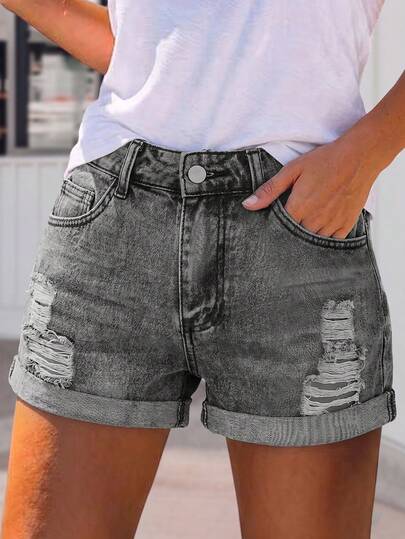 Damen Casual Blaue Jeans Shorts mit Knopfdetails und umgeschlagenem Saum, Nicht-Stretch Stoff, geeignet für den täglichen Gebrauch