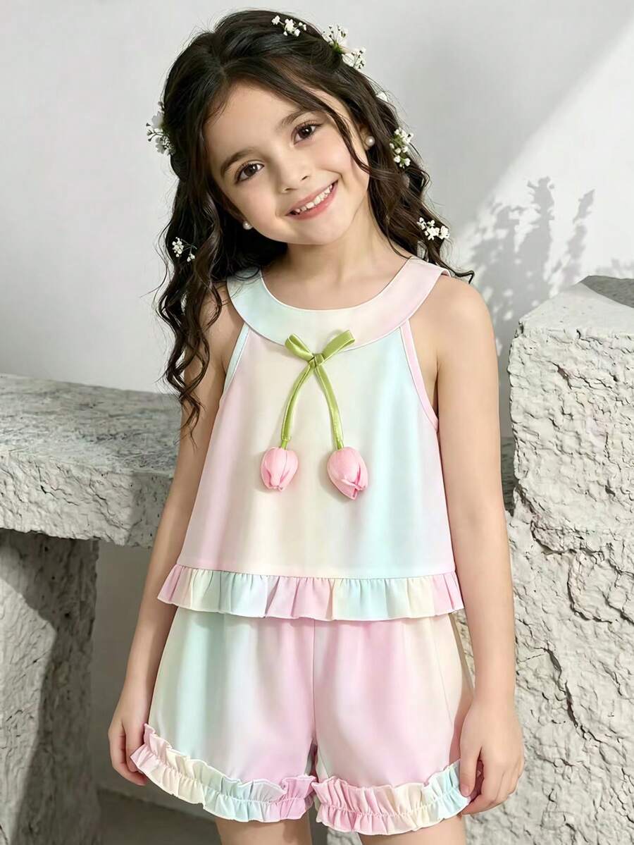 Young Girl Ombre Two Pieces Set, 3D Tulip Applique Halter Top With Ruffled Shorts Summer Casual Wear - Multicolor - View 1