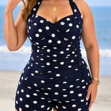 Swim Lushore 1pc Women Plus Size Polka Dot Printed Cross Front Tankini Top With Adjustable Tie Strap Shorts, Elegant Casual Daily Beach Vacation One-Piece Swimsuit For Summer - Azul Marino - Ver 1