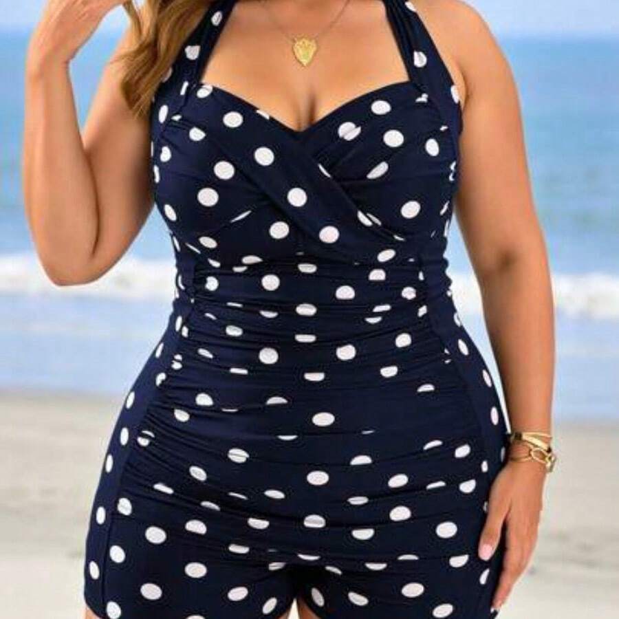 Swim Lushore 1pc Women Plus Size Polka Dot Printed Cross Front Tankini Top With Adjustable Tie Strap Shorts, Elegant Casual Daily Beach Vacation One-Piece Swimsuit For Summer - Azul Marino - Ver 1