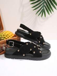 Teenage Girls' Black Suede Rivet Criss-Cross Strap Sandals, Student Flat Open Toe Backstrap Beach Holiday Casual Sandals - Black - View 2