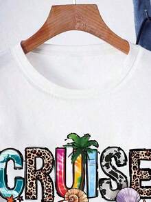1 pieza CRUISE LIFE Camiseta con estampado de letras "Summer Vibe", "Hello Summer", camiseta de vacaciones para mujer con cuello redondo, manga corta deportiva, 210g 100% algodón, los diseños están completamente impresos. Unisexo. - Negro 2 - Ver 7