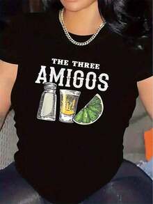 Nueva Camiseta de Algodón Puro para Verano, Camiseta de Algodón Suave para Mujer, 1 Pieza, y Camiseta Blanca de Manga Corta para Uso en Restaurantes, con Diseño de Los Tres Amigos, Ligera, Ideal para Experiencias de Comida Casual, Ajuste Cómodo con Estampado Gráfico, Ofertas de , Top Casual Versátil Estampado, Ropa de Verano para Mujer, Blusas para Mujer, Tallas S-3XL - Negro - Ver 5