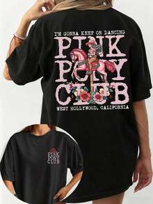 Primavera/Verano 2026, Nueva Camiseta de Mujer con Cuello Redondo, Estampado Floral y de Letras en Doble Cara, Moda Verano, Fresca, Manga Corta, Casual, Oversize, Hombros Caídos. - Negro - Ver 1