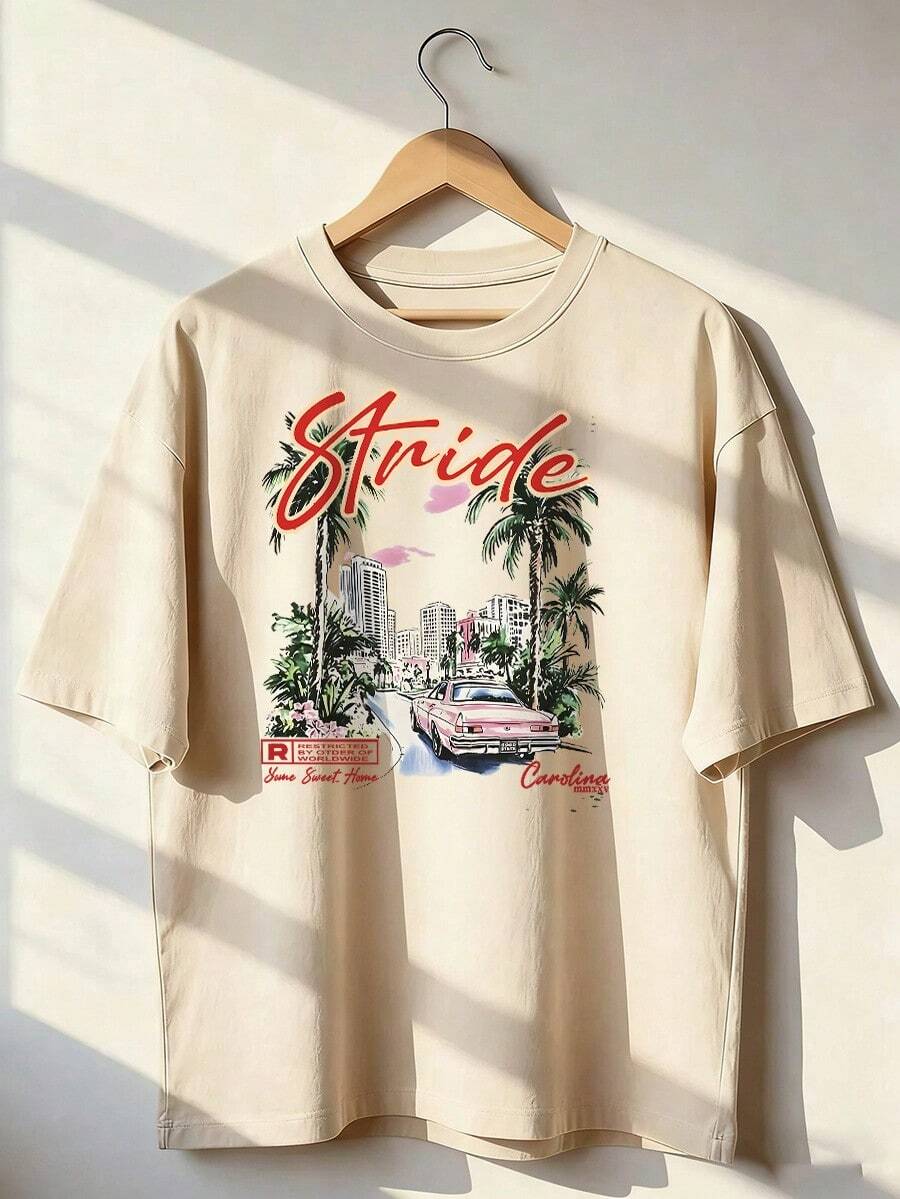 Short-Sleeve T-Shirt With Retro Cityscape And "Carolina" Slogan. Short-Sleeve T-Shirt For Spring And Summer 2026, Made In Mexico, 180 Grams. Cartoon Print, Couple Design, Suitable For Indoor Or Outdoor Wear. Crew Neck, Unisex, Ideal For Office And Leisure. One-Pack. - APR-P631577SLNDXZGY387 - 查看 1