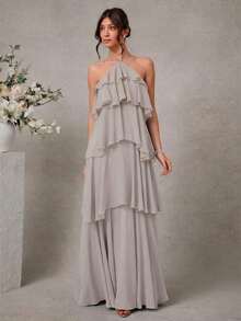 Elegante vestido maxi de gasa con cuello halter de niveles sólido para invitados de boda románticos - Gris - Ver 1