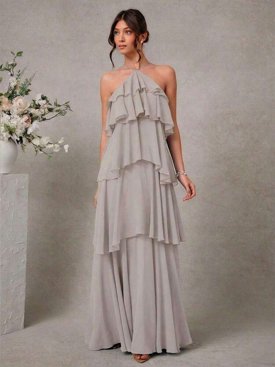 Elegante vestido maxi de gasa con cuello halter de niveles sólido para invitados de boda románticos - Gris - Ver 1