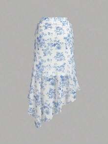 Women's Blue & White Print Ruched Waist Side Tie Asymmetrical Hem A-Line Skirt,Cruise,Hawaii,Blue And White Floral Skirt, Tea Party,Summer - Beis - Ver 6