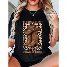 2026 Women's Shirt Print, New Summer Lightweight Casual Blouses For Ladies, Cotton Unisex Boots And Bling Cowgirl Theme Rodeo Love Country Girls Casual Tee - 黑色 - 查看 6