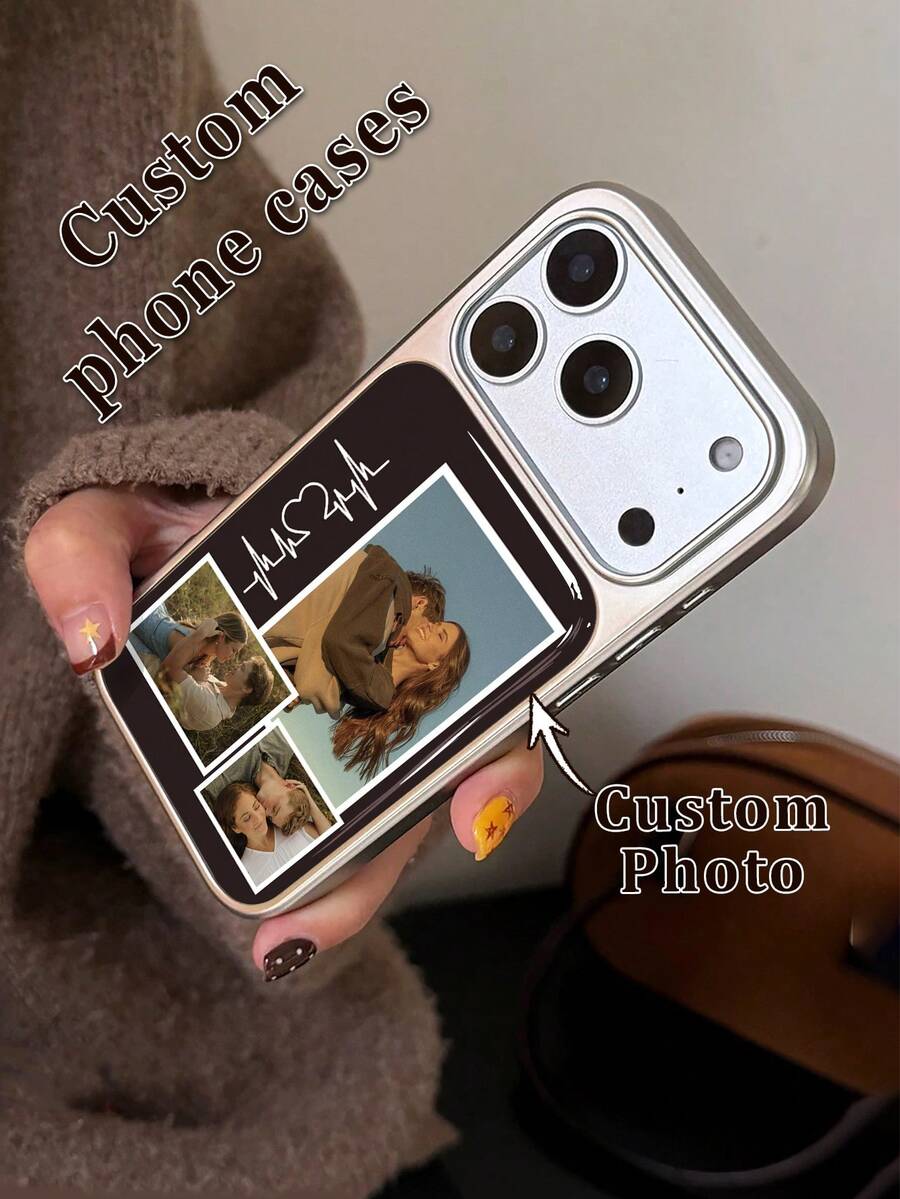 1pc Customized 3-Photo Phone Case, Heartbeat Line Couple Design, Electroplated Soft Gel Phone Case Compatible With Iphone 17 Pro Max/16 Pro Max/15/14 Plus/13 Pro/12 Pro Max/11, New , Fashionable, Colorful, Cute, Fun, Minimalist, Matching Phone Case, Personalized, Unique, Ideal Gift For Boyfriend, Grandparents - Multicolor - View 1