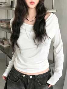 性感貼身露肩長袖上衣 女款 秋冬白色休閒美學風 - 白色 - 查看 3