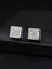 1对男士复古锆石方形耳钉，压纹几何方形高品质百搭耳环，适合节日、派对和日常佩戴 - 銀色 - 查看 5
