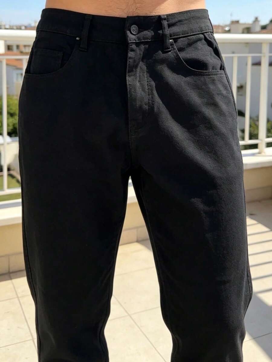 Modern And Stylish Minimalist Slim-Fit Casual Trousers In Solid Colors For Men. - Black - View 1