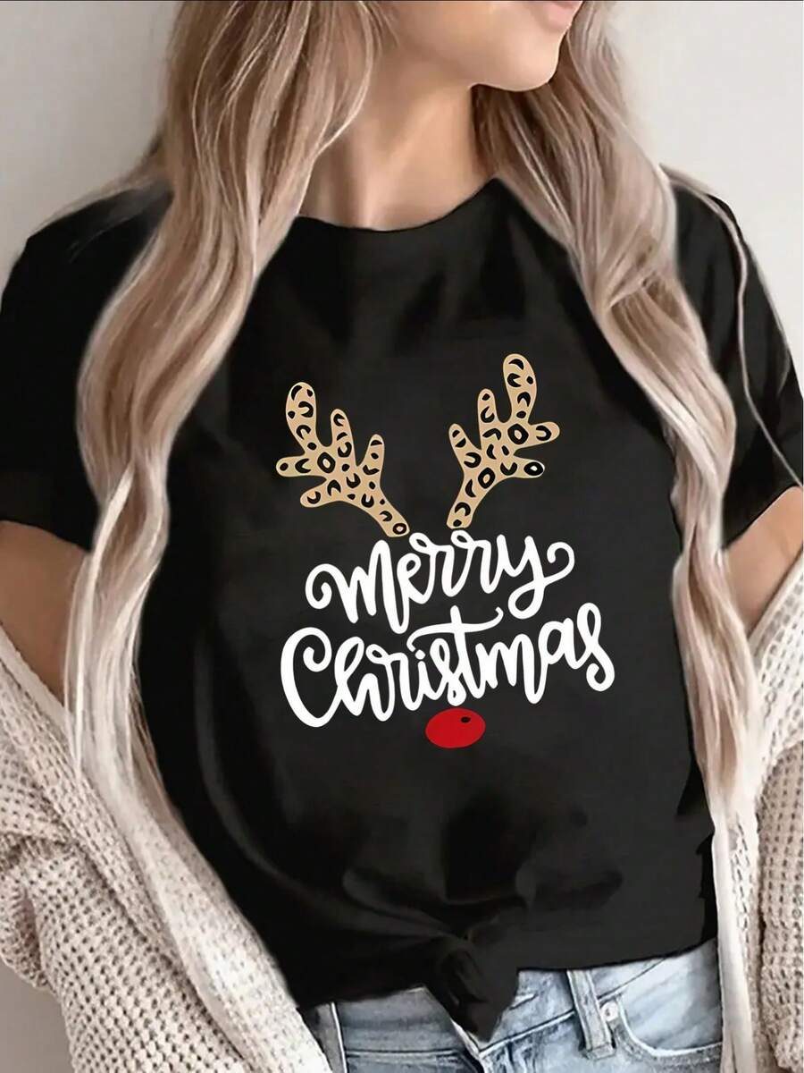 Camiseta de manga corta con diseño de renos navideños, ligera y duradera para fiestas navideñas, uso en casa u oficina, estampado festivo para mujer, ajuste cómodo para celebraciones. Camiseta de algodón familiar coordinada. - Negro - Ver 1