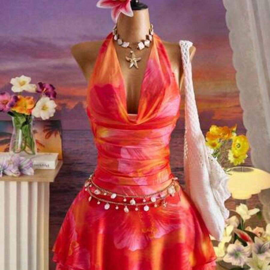 New Spring/Summer Women's Fashion Sexy Printed Dress - Plunging Neckline Design - Waist Cinching Ruched Design - Ruffle Hem Design - Vacation - Beach - Multicolor - Ver 1