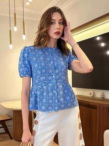 Top de manga corta y corto con bordado floral para mujer, primavera/verano, bordado hueco - Azul - Ver 1