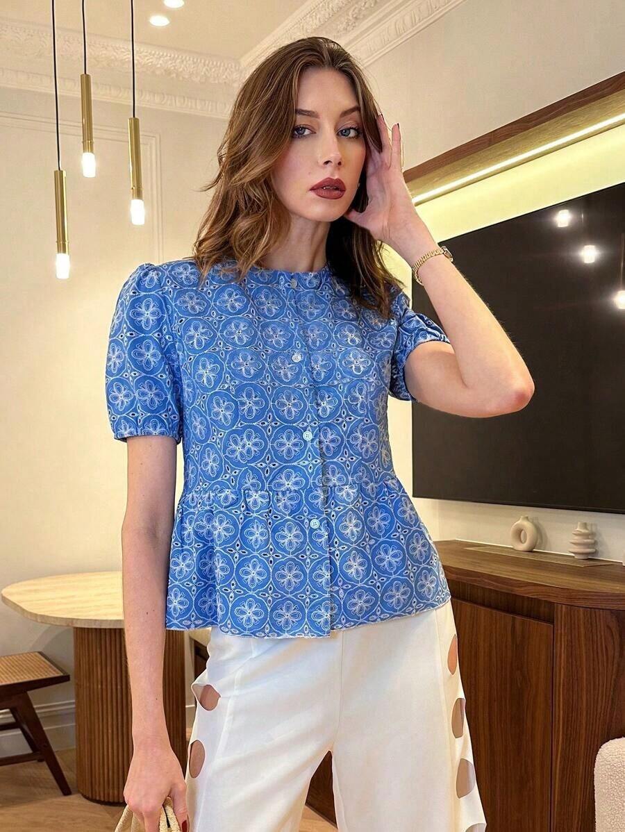 Top de manga corta y corto con bordado floral para mujer, primavera/verano, bordado hueco - Azul - Ver 1