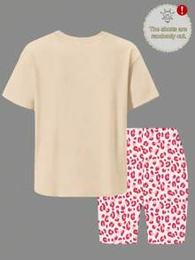 2pcs Girl Set Round-Neck Short-Sleeve T-Shirt With Star Pattern Cherry Prints And Pink Leopard Print Shorts Casual Summer Girls Outfits Set - Apricot - View 2