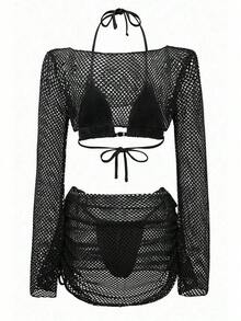 Swim  Conjunto de bikini sexy de 4 piezas de malla roja con color borgoña sólido, traje de baño de playa - Negro - Ver 3