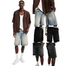 Men's Washed Denim Jorts, Loose Fit Mid-Length Jean Shorts, Casual Streetwear - Light Blue - View 5