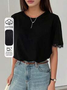 Camiseta de mujer de cuello redondo con encaje de contraste, de manga corta y holgada, para uso casual diario en verano, de vestir informal para mujeres - Negro - Ver 1