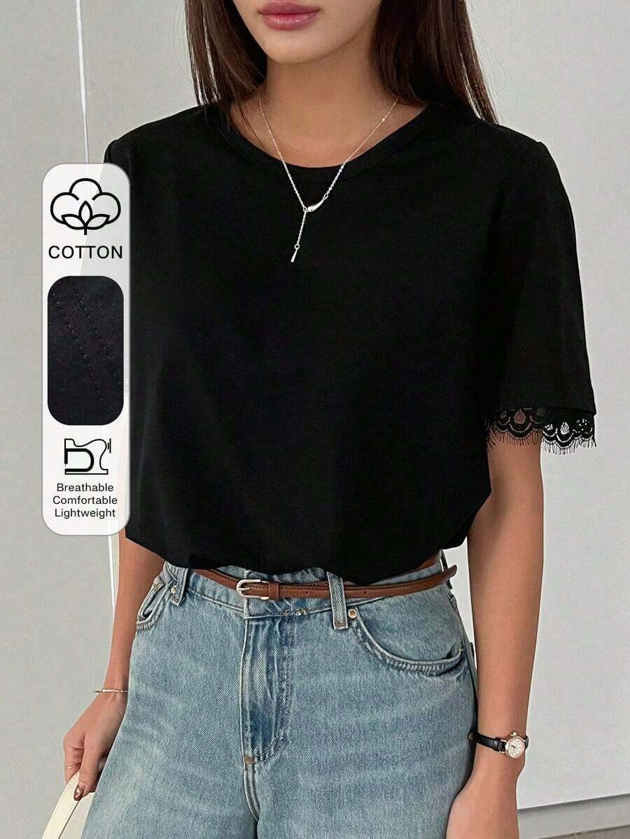 Camiseta de mujer de cuello redondo con encaje de contraste, de manga corta y holgada, para uso casual diario en verano, de vestir informal para mujeres - Negro - Ver 1