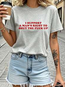 Camiseta de mujer de manga corta, estampado de eslogan en letras rojas, cuello redondo, ropa casual para uso diario - Gris - Ver 1