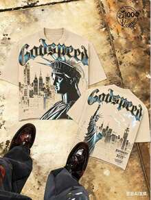 "Godspeed" Title - Oversized Distressed Print T-Shirt With Statue Of Liberty Pattern In The Night, Men's Short Sleeve, 100% Cotton, Loose Fit, Y2K Street Retro Casual Urban Aesthetics, 100% Cotton Pullover. Gift. - 杏色 - 查看 3