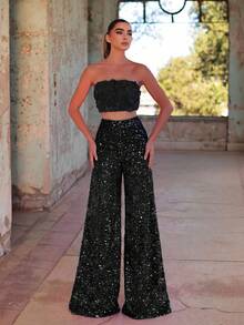 Set de 2 piezas: Pantalones elegantes con lentejuelas brillantes y top tubo corto con flores 3D, perfecto para boda de verano, fiesta en la playa o una encantadora cita nocturna, Día de San Valentín - Negro - Ver 4