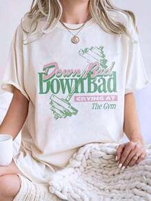 1 pieza de camiseta casual para mujer con estampado 'Gym Crying' - Top holgado de cuello redondo en beige claro con diseño de mancuerna, camiseta deportiva casual lavable a máquina, estampado divertido, versátil para todas las estaciones, 180g 100% algodón. - Blanco - Ver 6