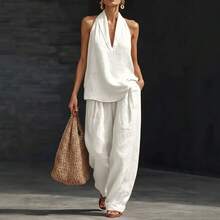 Women's Plus Size Two-Piece Suit With V-Neck And Straps, Made Of A Linen And Cotton Blend, Ideal For The Office And Summer, Current Fashion - 白色 - 查看 3