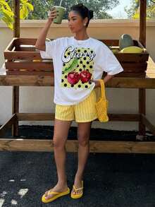 Loose-Fitting Short-Sleeved T-Shirt With Round Neck And Cream Yellow Cherry And Polka Dot Print, Suitable For Holidays, Vacations, Parties, Music Festivals, Matches, Summer Novelty, Holiday Outfit. - 白色 2 - 查看 7