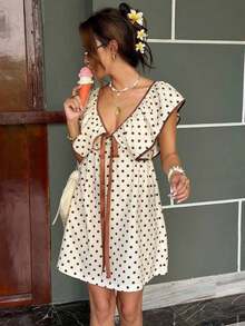 2026 Vestido corto informal de mujer con cuello en V, con ribete de contraste y estampado de rayas - Multicolor - Ver 4